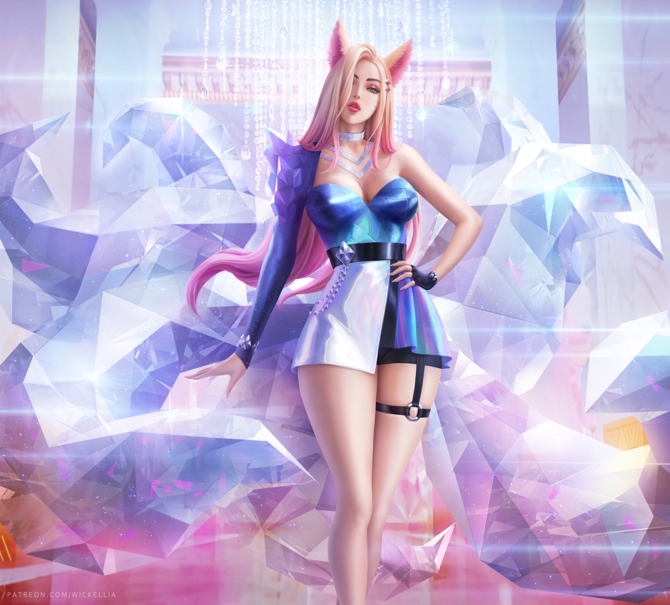 wickellia league of legends ahri animal ears cleavage garter kitsune no